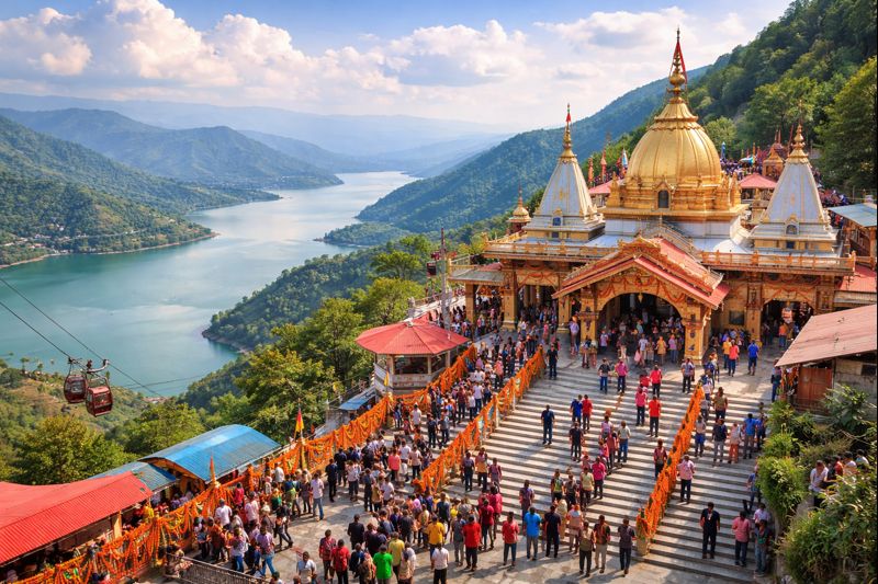 Naina Devi Temple Live view with pilgrims on hilltop.