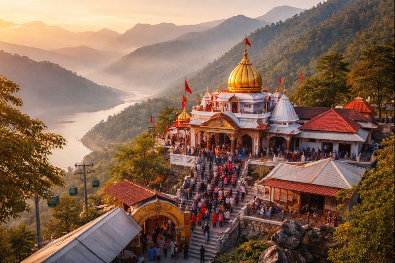 Naina Devi Temple Opening with temple view in sunrise