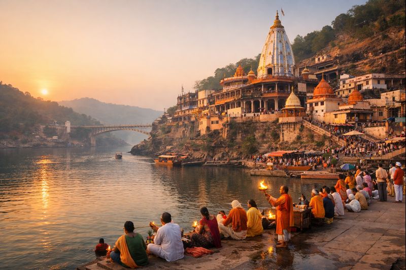 Omkareshwar Jyotirlinga Temple Darshan with temple and river view.