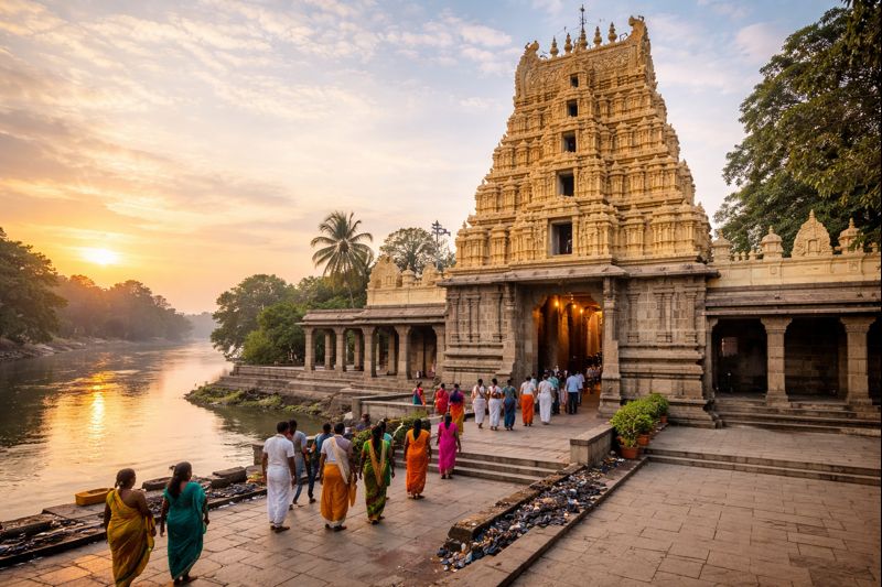 Ranganathaswamy Temple Srirangapatna open close timings view of temple exterior at sunrise.