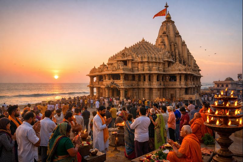 Somnath Jyotirlinga Temple Darshan with pilgrims and sea backdrop