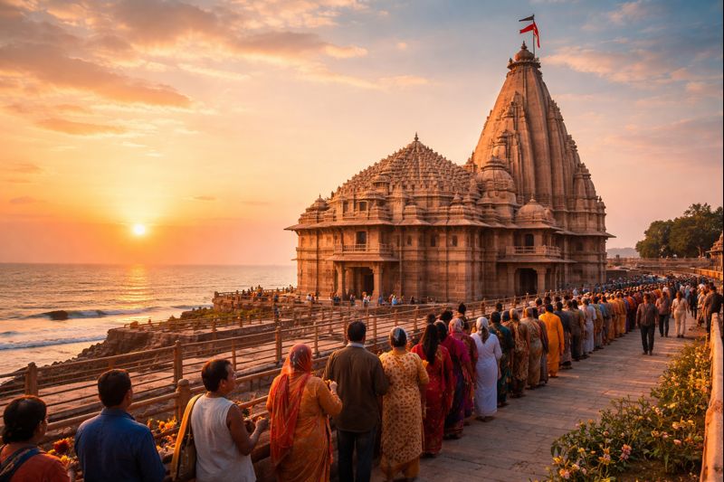 Somnath Jyotirlinga Temple Darshan scene with pilgrims and sunrise.