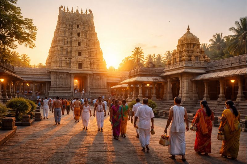 Tamil Kanchi Mutt Panchangam with Peetam temple and devotees at sunrise