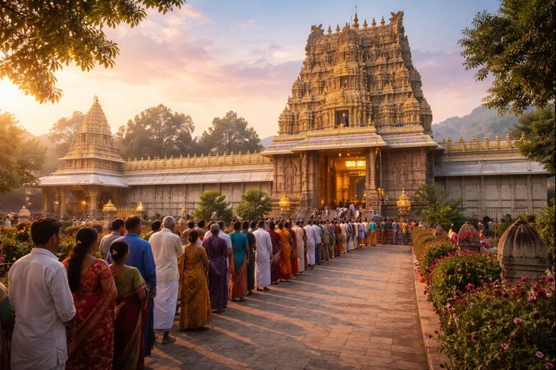 Tiruchanur Padmavathi Devi Temple with devotees and early morning light.