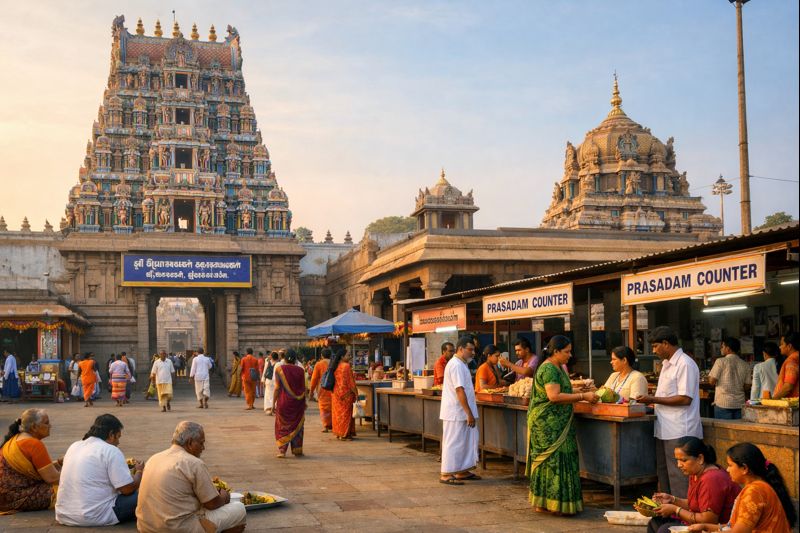 "Tiruvallur Veeraraghava Perumal Temple entrance and prasadam area"