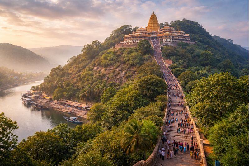 "Tourist Places Visit Annavaram panoramic view of temple and river"