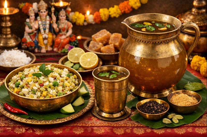 Traditional Sri Rama Navami prasadam Vadapappu and Panakam served on a traditional festive platter.
