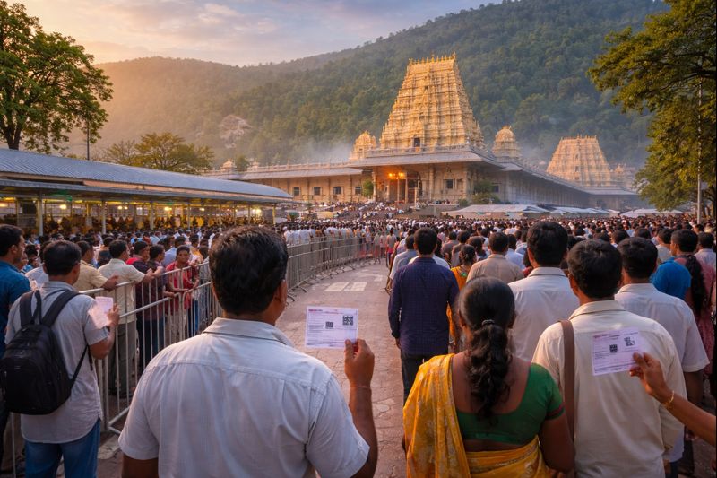 Ttd Tirumala Rs 2000 Darshan Ticket details scene with pilgrims at Tirumala temple.