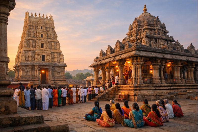 Vontimitta Kodanda Rama Swamy Temple exterior with devotees at dawn