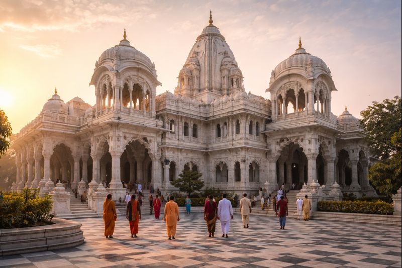 Vrindavan Iskcon Temple Architecture detailed white marble structure and pilgrims at dawn