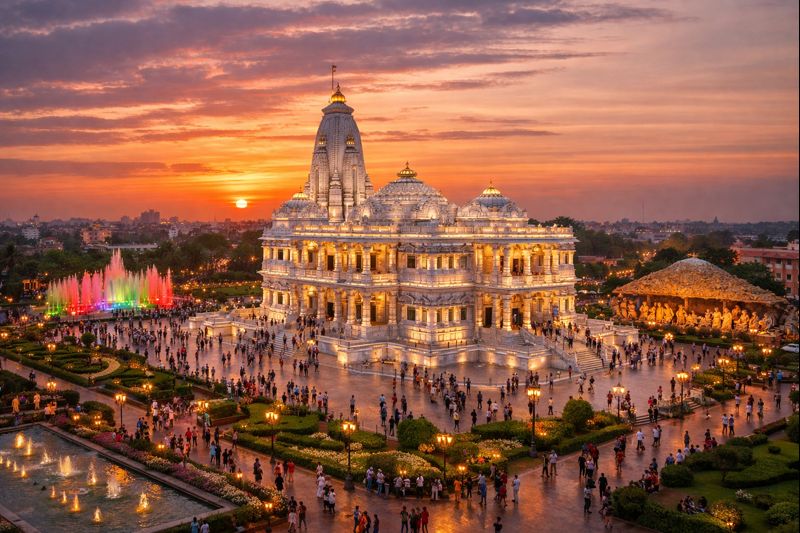 Vrindavan Prem Mandir History article banner showing marble temple at sunset