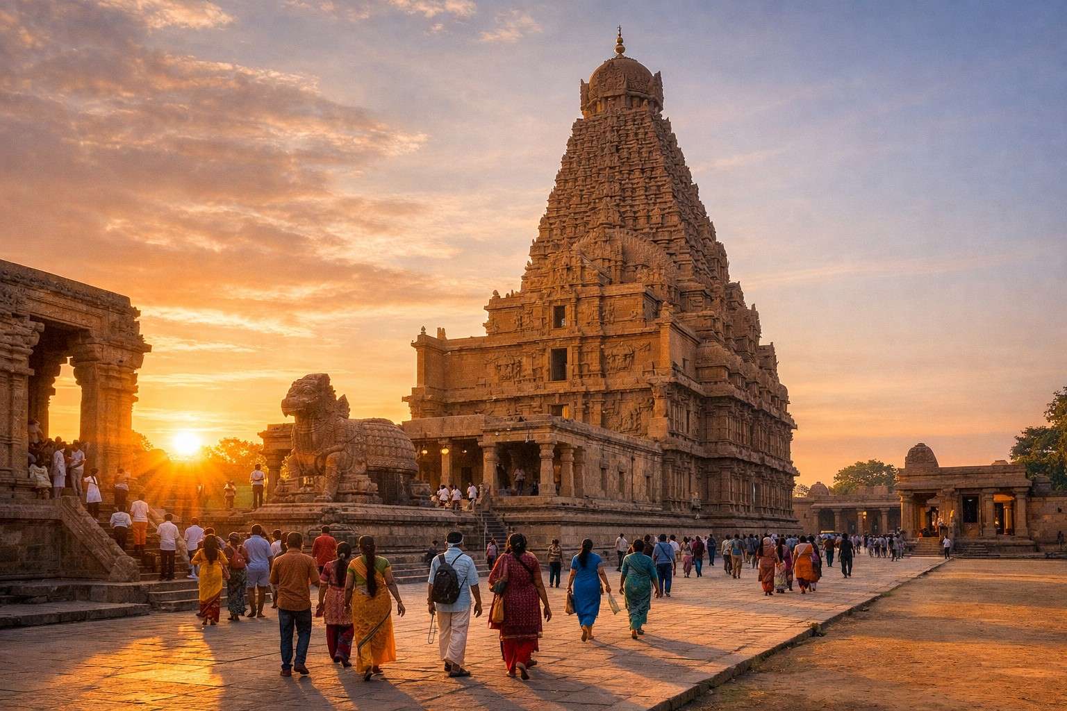 Thanjavur Brihadishvara Temple Opening showing the temple at sunrise