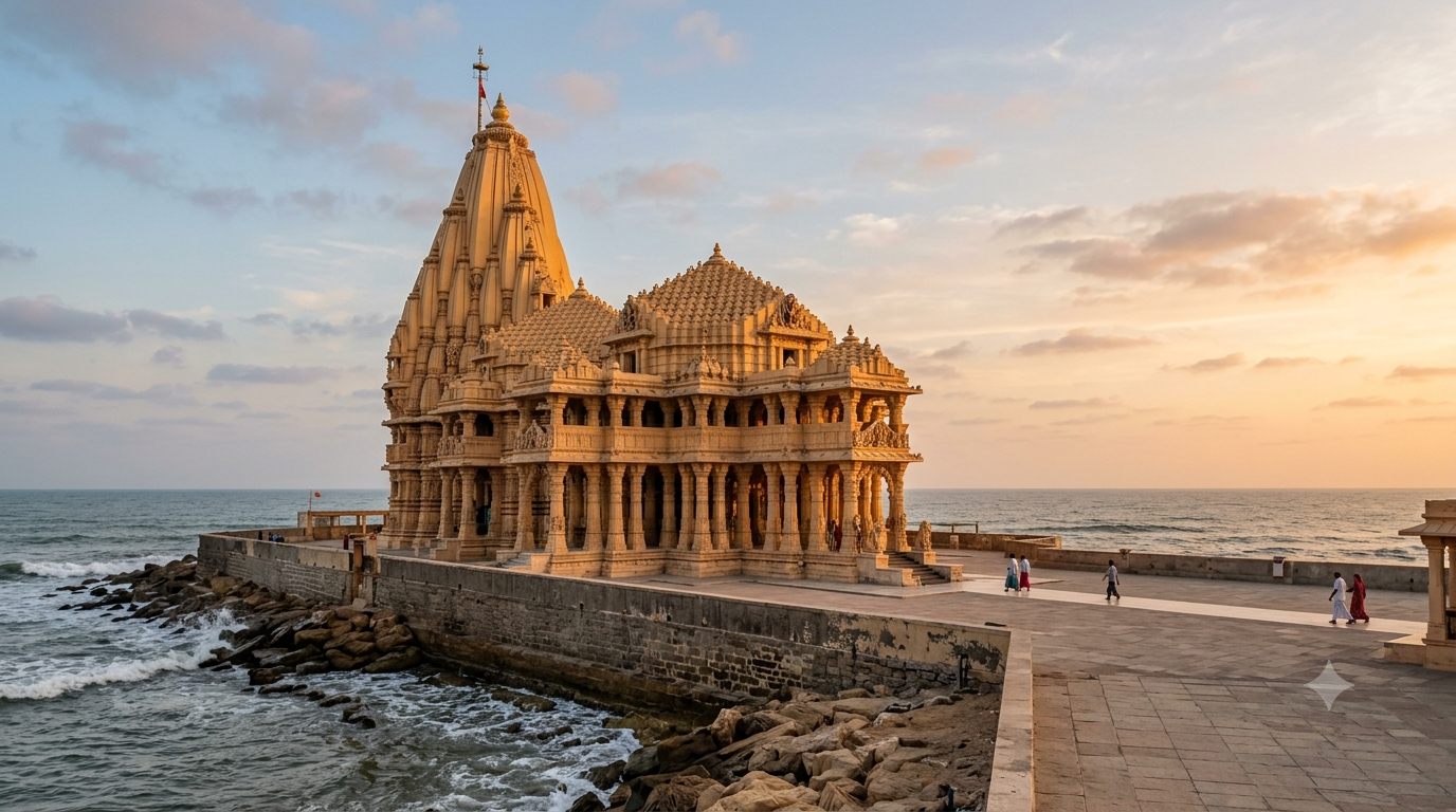 Famous temples in Gujarat: sea-facing Chalukya-style Jyotirlinga shrine at golden hour
