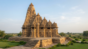 Temples in Madhya Pradesh – multi-spired Khajuraho sandstone temple on a raised platform in morning light