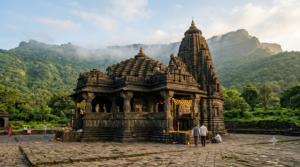 Famous temples in Maharashtra: black-stone Deccan shrine in the Sahyadri hills at sunrise