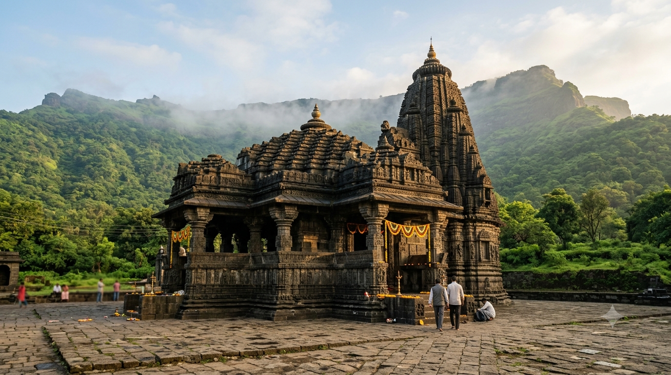 Famous temples in Maharashtra: black-stone Deccan shrine in the Sahyadri hills at sunrise