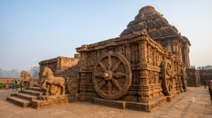 Temples in Odisha - carved stone chariot wheel of the Konark Sun Temple