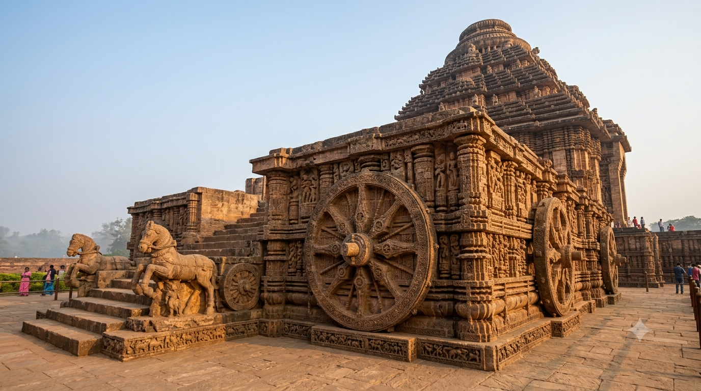 Temples in Odisha - carved stone chariot wheel of the Konark Sun Temple