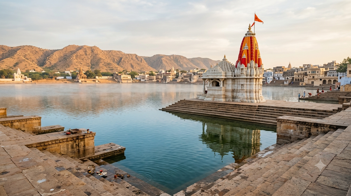 Famous temples in Rajasthan: red-spired marble Brahma Temple beside Pushkar Lake at morning light
