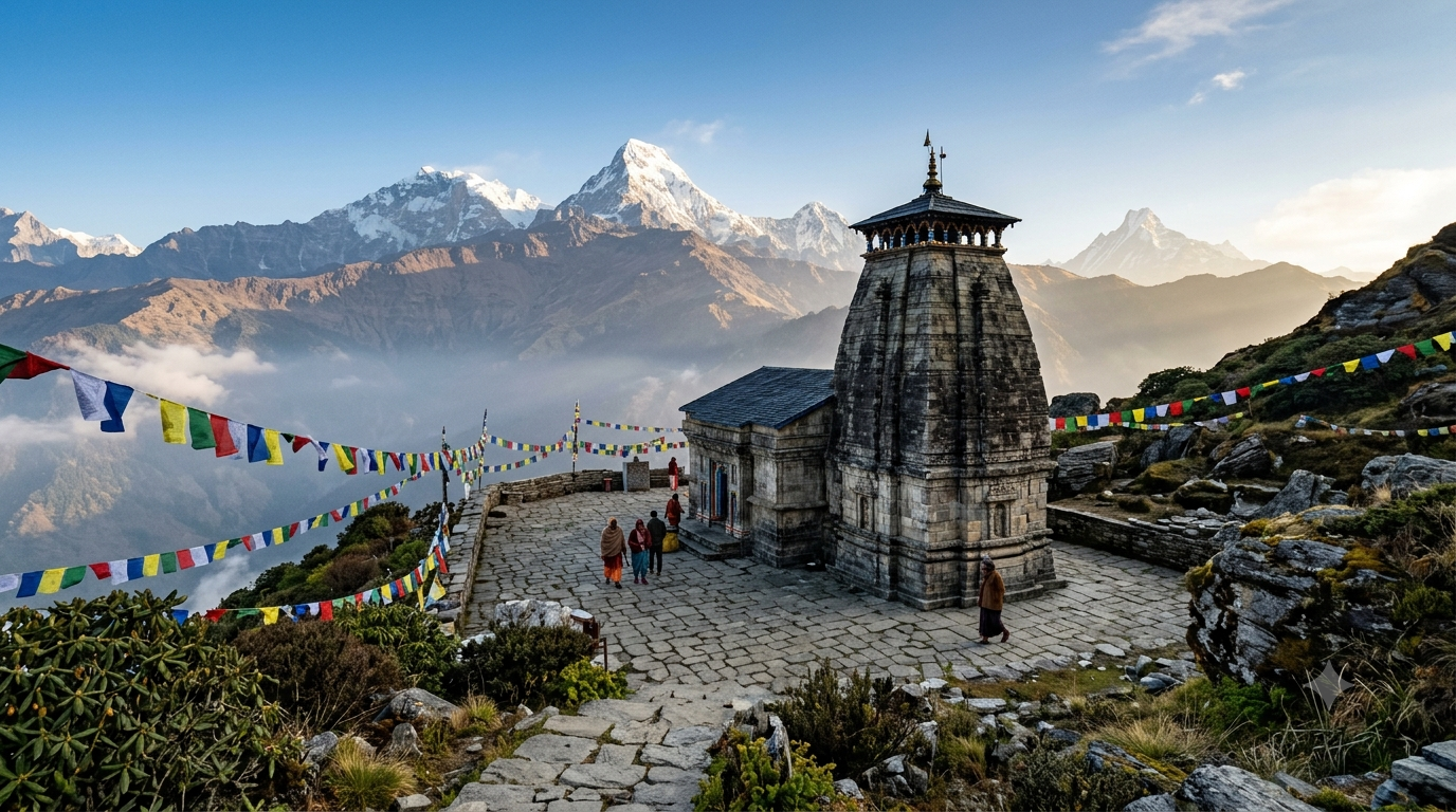 Snow-capped Himalayan temples in Uttarakhand along the Char Dham route