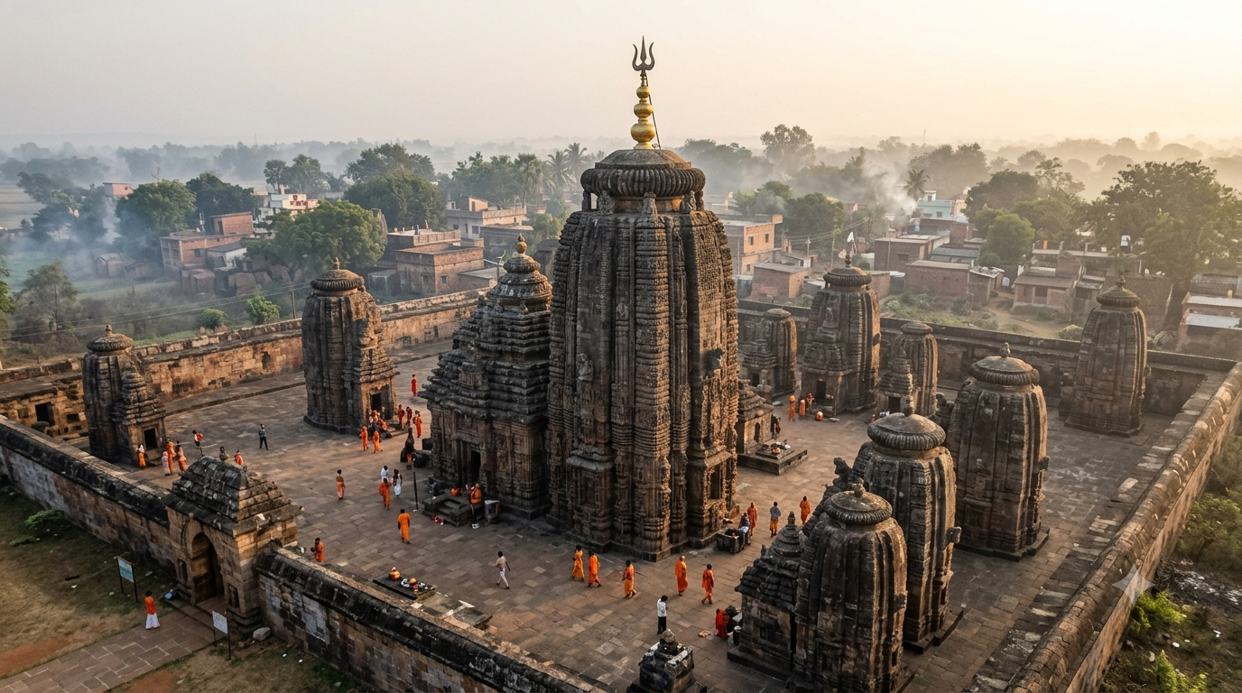 Pilgrims outside a stone temple complex, temples in Bihar and Jharkhand pilgrimage circuit