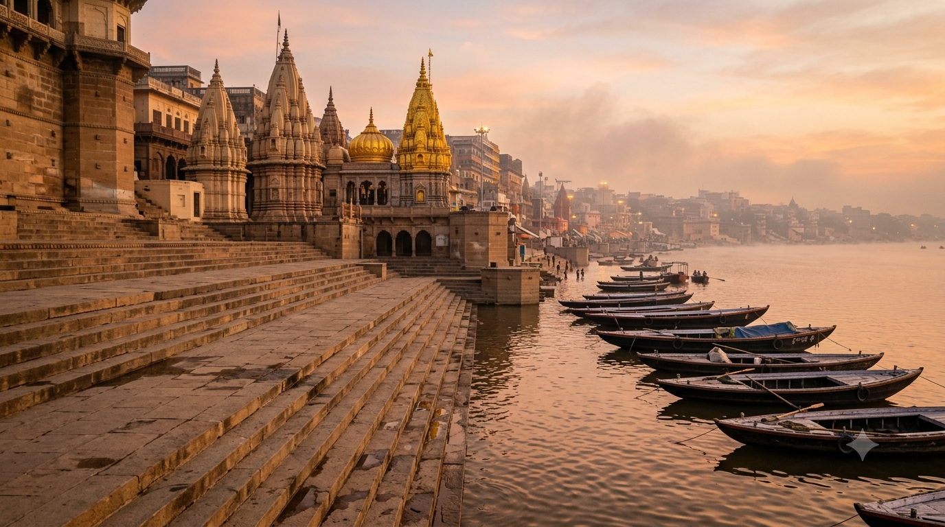 Temples in Uttar Pradesh: Varanasi Ganga ghats and temple spires at dawn with distant pilgrims