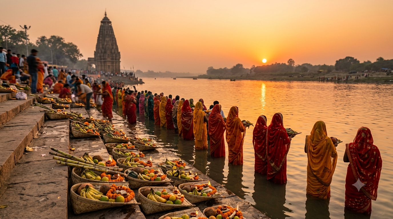 Chhath Puja 2026 Sandhya Arghya at a Bihar Sun temple water ghat