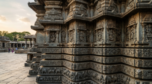 Halebidu Hoysaleswara temple architecture showing layered friezes and star-shaped stone walls