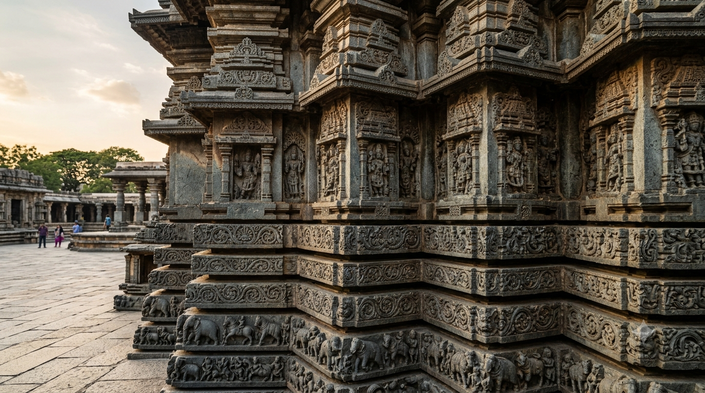 Halebidu Hoysaleswara temple architecture showing layered friezes and star-shaped stone walls