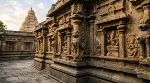 Kanchipuram Kailasanathar temple architecture with Pallava sandstone carvings and lion-based pillars