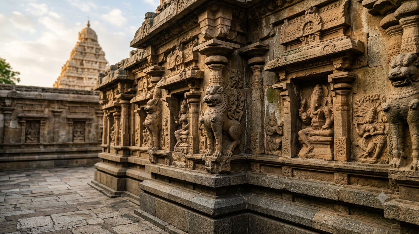 Kanchipuram Kailasanathar temple architecture with Pallava sandstone carvings and lion-based pillars