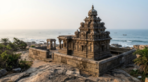 Mahabalipuram Shore temple architecture with Pallava granite towers and stepped vimanas