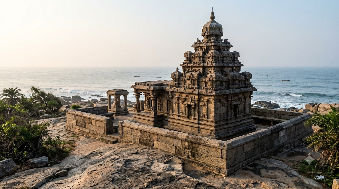 Mahabalipuram Shore temple architecture with Pallava granite towers and stepped vimanas