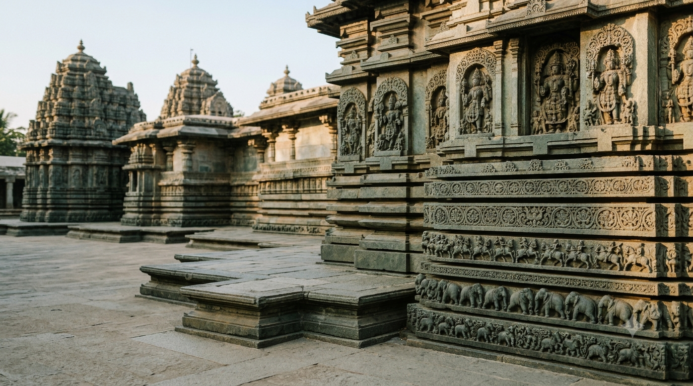 Somanathapura Keshava temple architecture showing three shrine towers and carved Hoysala stone walls