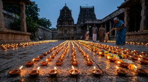 Srikalahasti Karthika Deepotsavam 2026 concept with rows of traditional oil lamps at dusk