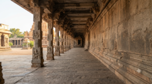 Temple prakaram meaning illustrated by a stone enclosure wall and pillared temple corridor