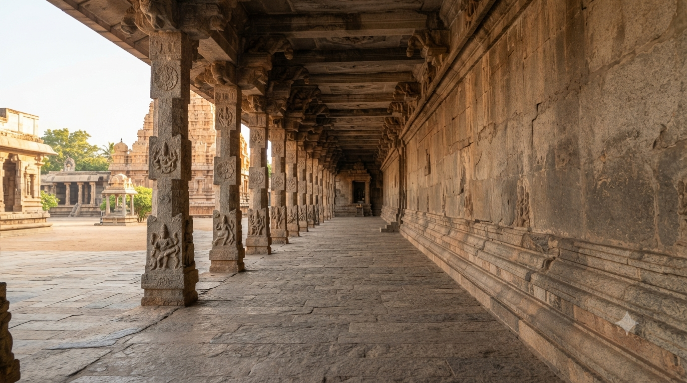Temple prakaram meaning illustrated by a stone enclosure wall and pillared temple corridor